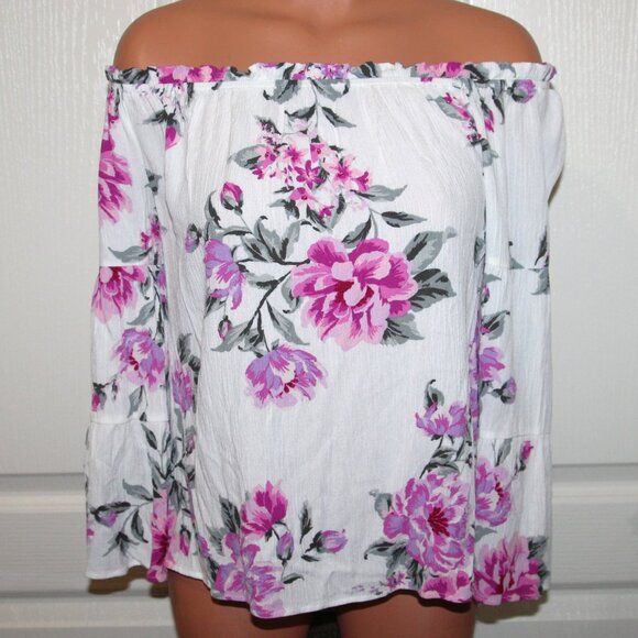 LN! Pretty Feminine Pink Floral OTS Crinkled Flare Sleeve BOHO Peasant Blouse - Picture 1 of 10